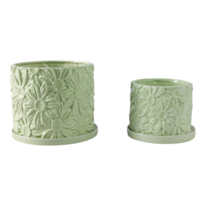 Vaso Decorativo a Forma di Margherita in Ceramica Verde per Piante da Interno ed Esterno con Sottovaso, Set di Due - Product Image 4