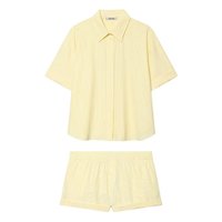Ensemble décontracté 2 pièces pour femme 2026 : chemise rayée à revers et manches courtes + mini-short rayé rétro