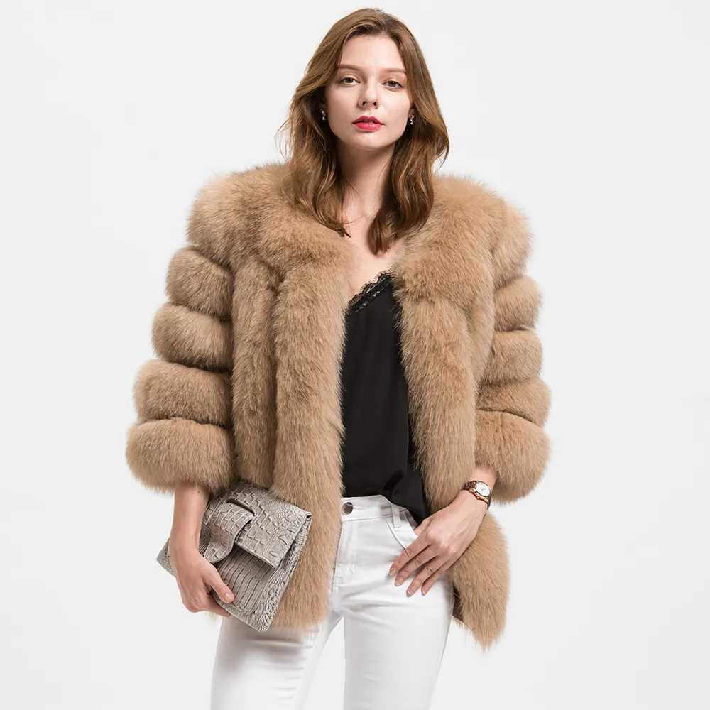 Women Real Fox Fur Jacket or Lady Winter Fashion Fur Coat Warm Overcoat