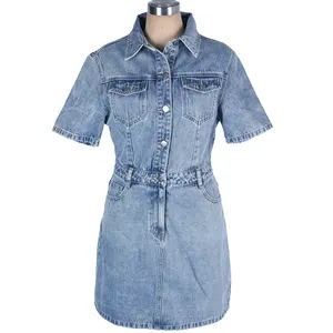 Vestido jeans curto Vestidos jeans curtos Vestidos femininos com gola virada para baixo