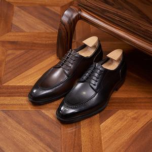 Chaussures en cuir pour hommes, style business décontracté, bout carré, en cuir pleine fleur, à lacets, respirantes, antidérapantes, semelle extérieure en caoutchouc légère - Product Image 1