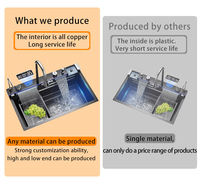 Évier de cuisine intelligent à cuve unique, multifonctionnel, nano, en acier inoxydable SUS304, avec cascade LED et rince-verre intégré