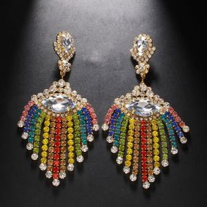 European American Style Bohemian Tassel Gold Plated Copper Alloy Earrings Rainbow Rhinestone <b>Pendant</b> Drop Design for Women's - Product Image 3