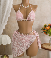 STOK BARU 4 Warna Grosir Baju Pantai Bertekstur Bergaris 3 Potong Set Bikini Wanita Seksi Sarung Pantai