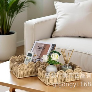 Woven <b>Storage</b> <b>Basket</b> Rectangle Fan Shaped Edge With Handles Handmade For Desktop Toy Snack Organizer Beige Brown Gray White - Product Image 3