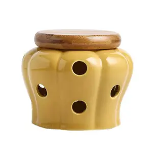 Keep Fresh Ceramic Garlic Holder Storage or Garlic Keeper with Wooden Lid for Kitchen