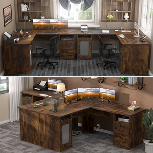 Bureau de direction en forme de L Unikito avec tiroir, prises électriques, ports de charge USB, écologique, gain de place, armoire de rangement pour 2 personnes - Product Image 4