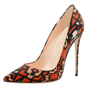 Size 45 Red Geometric Printed Korea Women High Heel Pointed Toe Dress <b>Shoes</b> 12cm Heels Pumps Ladies Stiletto - Product Image 1