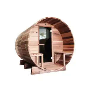 Traditionelle Zeder-Fass-Sauna im Freien Dampfsauna Holzverbrennung rund hochwertig bequem einzelnes Sauna-Zimmer