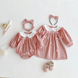 Nouvelle collection Automne-Printemps 2026 : Vêtements pour bébés filles, Barboteuse en coton à nœud et Robe de princesse à manches longues, Tenues assorties pour sœurs - Product Image 3