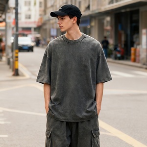 Heavyweight Cotton Drop Shoulder Tshirt Vintage Pigment Dyed Plain Blank Tee Distressed Frayed <b>Collar</b> Streetwear Unisex <b>T</b> <b>Shirt</b> - Product Image 2