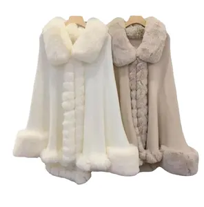 Casaco de inverno com mangas de morcego, casaco feminino de 5 cores, casaco branco quente com penas de coelho falso, casaco de malha poncho, casaco de rua