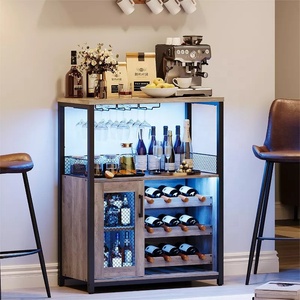 Rustic Freestanding Liquor Display Cabinet with LED Light Cup Holder Adjustable Wine Rack Mesh Door Home Coffee Bar <strong>Sideboard</strong> - Product Image 1