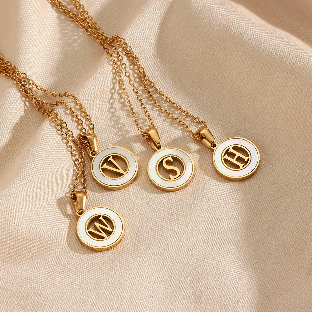 Vintage Stainless Steel Round Hollow Capital Letter Pendants Necklaces With Women White Shell 18k Gold Initial Necklaces Collier