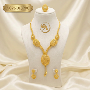 Luxury African Oval Gold Plated Jewelry Set for Women 24K Gold Plated Nigerian Bridal Necklace Set with Earrings & Ring - Product Image 1