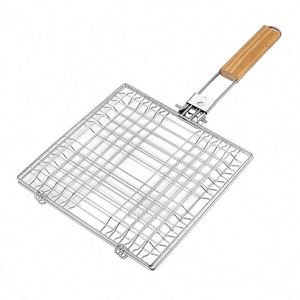 Cesta de barbacoa plegable de hierro con mango de madera para camping al aire libre, cesta para asar pescado - Product Image 1