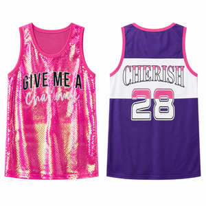 Custom Girls <b>Sequin</b> Basketball Fan Tank <b>Top</b> Sleeveless Cheerleading Uniform Jersey Style Front Back Number Print Wholesale - Product Image 1