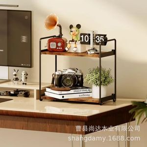 Cross-border double-layer iron <b>desktop</b> storage rack, home wall-mountable wooden kitchen countertop storage <b>shelf</b> - Product Image 2