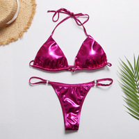 Baju Renang Bikini Dua Potong Model Halter Segitiga Metalik Mikro Thong Cepat Kering dengan Bra Push Up dan V-String Berkilau untuk Wanita 2025