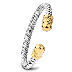 Bracelet manchette en acier inoxydable, câble de 7 mm, ouverture réglable, bijou unisexe, cadeau, design rond, couleur or acier - Product Image 1