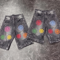 Shorts en jean brodés personnalisés effet délavé vintage pour hommes, style baggy, streetwear, avec rivets en strass, vente en gros OEM