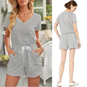 2023 Hot Arrivals In-Stock Cheap Summer US Apparel Wholesale V Neck Short Sleeves Striped Romper Apparel Stock