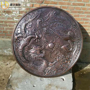 Sculpture murale ronde en bronze coulé Jiahua, dragon et phénix en relief, style chinois, œuvre d'art décorative - Product Image 1