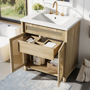 Mobile da Bagno da 30 Pollici con Ante in Rattan Intrecciato a Mano, Gambe in Legno Massello e Lavabo in Resina - Product Image 3