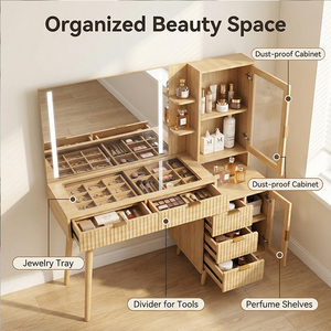 Coiffeuse Bohème avec Miroir et Lumières, Couleur Chêne, Table de Maquillage Cannelée avec Plateau en Verre Moderne pour Chambre <span class=keywords><strong>à</strong></span> Coucher - Product Image 6
