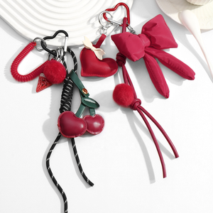Cherry Leather Light Keychain Pom Pom Balls Bow Pendant Metal Heart <b>Braided</b> Rope Easter Bag Decoration <b>Accessories</b> Gift Y2K - Product Image 4