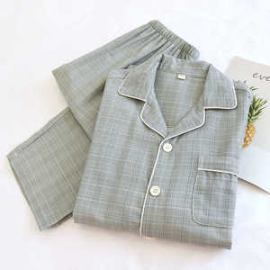 PJ-049 Pijama de Gasa a Cuadros para Hombre, Manga Larga, Algodón Puro, Ropa de Dormir, Estilo Primavera-Otoño, Tejido Fino, Conjunto de 2 Piezas - Product Image 3