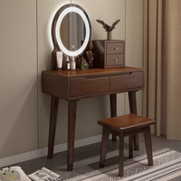 Meja Rias Kayu Solid Ek Eropa Nordik yang Tahan Lama Desain Minimalis Modern untuk Kamar Tidur Kecil dengan Cermin Berlampu LED dan Bangku