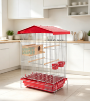 Cage à oiseaux en fil métallique rouge avec nichoir en bois, support métallique, mangeoires, plateau inférieur amovible facile à nettoyer