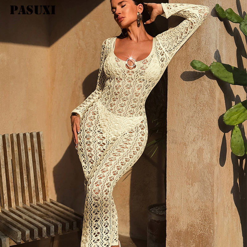 Maxi Dress Pattern Mesh Dress Beach Cover Up PASUXI 2025 Women's