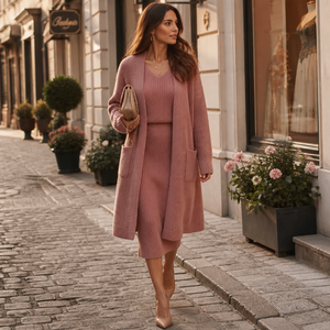 Set Due Pezzi da Donna: Cardigan Lavorato a Maglia e Gonna Midi, Autunno <span class=keywords><strong>Inverno</strong></span>, 7 Colori, OEM ODM, Vendita all'Ingrosso, Etichetta Privata, Ordine all'Ingrosso, Prezzo di Fabbrica - Product Image 2