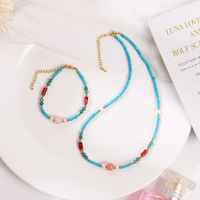 Ensemble collier et bracelet en perles de pierres colorées, turquoise bleue et aventurine rouge, style européen et américain, perles et pierres colorées