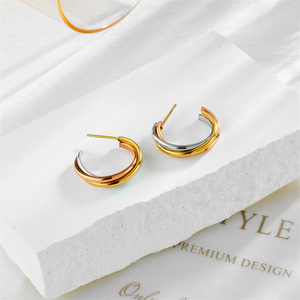 Geometric Hoop Earrings Gold Silver Two Tone Stainless Steel C Shape Fashion Jewelry For Women - Product Image 3