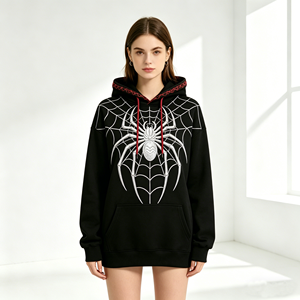 Sudadera con Capucha Estampada de Araña, 410GSM, Algodón Pesado, Capucha con Costuras Rojas, Sudadera Oversize Estilo Urbano, Sudadera Pesada - Product Image 1