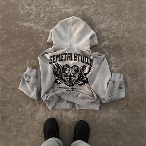 Sweat à capuche court en molleton épais français, imprimé personnalisé avec strass, zippé, 100 % coton, délavé à l'acide, effet vieilli pour homme - Product Image 4