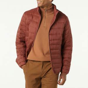 Blouson matelassé bordeaux pour homme, col montant, fermeture éclair, coupe-vent, décontracté, rembourrage en polyester, coupe régulière, automne - Product Image 1