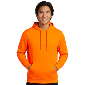 <b>Men's</b> <b>Orange</b> Hooded Pullover <b>Sweatshirt</b> Regular Fit Solid Color Fleece Casual Front Pocket Knitted Polyester ODM Autumn Wear - Product Image 2