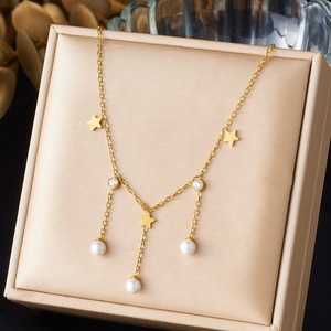 Faux Pearl Gold Plated Chain Star Clavicle Necklace With Tassel Daily Wear Gift Jewelry - Product Image 1