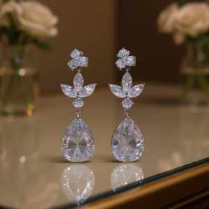 Boucles d'oreilles pendantes en or blanc E523 avec cristaux, quartz arc-en-ciel serti griffe, bijoux de luxe pour femme, pour mariage - Product Image 2