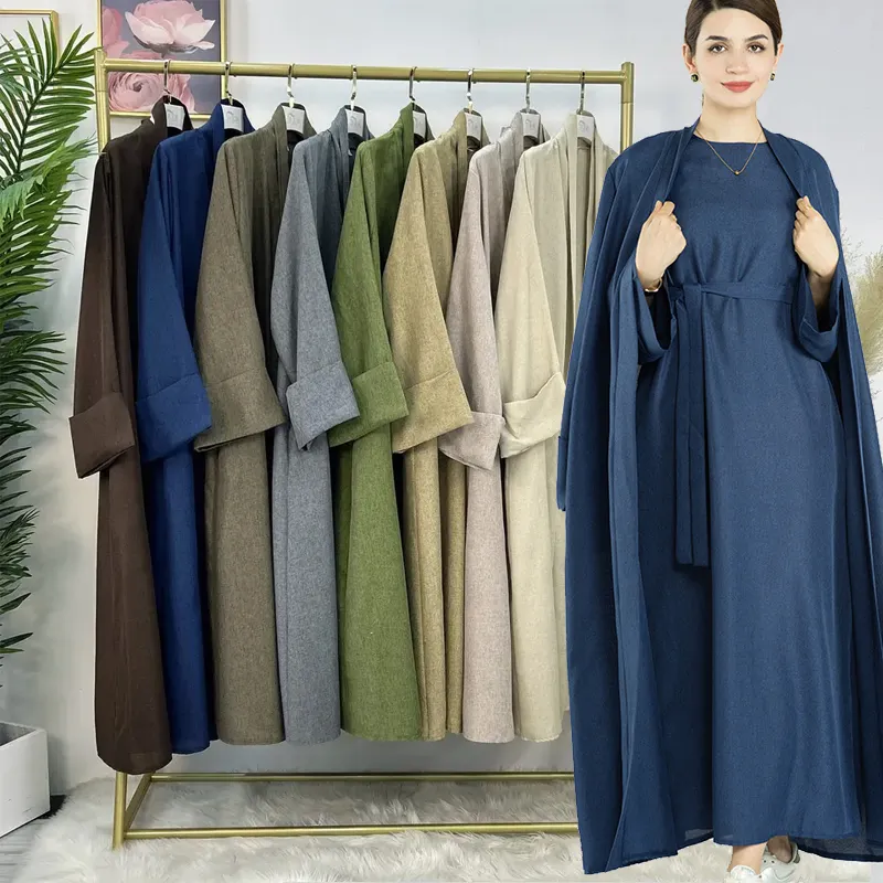 Vrouwen Bescheiden Abaya Moslim Jurk Voor Dames Mode Nieuwe Eid Islamitische Kleding Linnen Gesloten Jurk En Open Abaya 2 Stuks Abaya Set