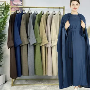 Abaya – robe musulmane pour femmes, modeste, mode, nouveau vêtement islamique EID, en lin, robe fermée et ouverte, ensemble Abaya 2 pièces