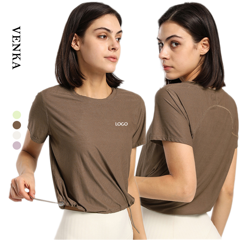 New Design Women's Yoga T Shirts Quick Dry Comfortable Workout Tops Adjustable Drawstring Hem Loose Plus Size Breathable