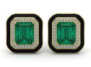 Pendientes de Oro Amarillo de 14 Quilates con Esmalte Negro, Esmeraldas y Diamantes de Laboratorio Certificados, Esmeralda Octogonal - Product Image 5