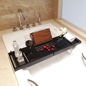 Étagère de bain noire en bambou avec panneau en tissu, support de rangement rétractable pour spa et salle de bain - Product Image 3
