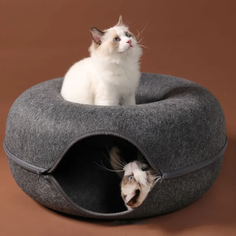 Round wool felt pet nest cat tunnel nest grey cat house with zipper donut removable kitten four seasons cat bed house nest