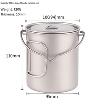 Mug portable d'extérieur 750 ml avec poignée inclinée, pot suspendu, poignée pliable, tasse de voyage en titane pour camping